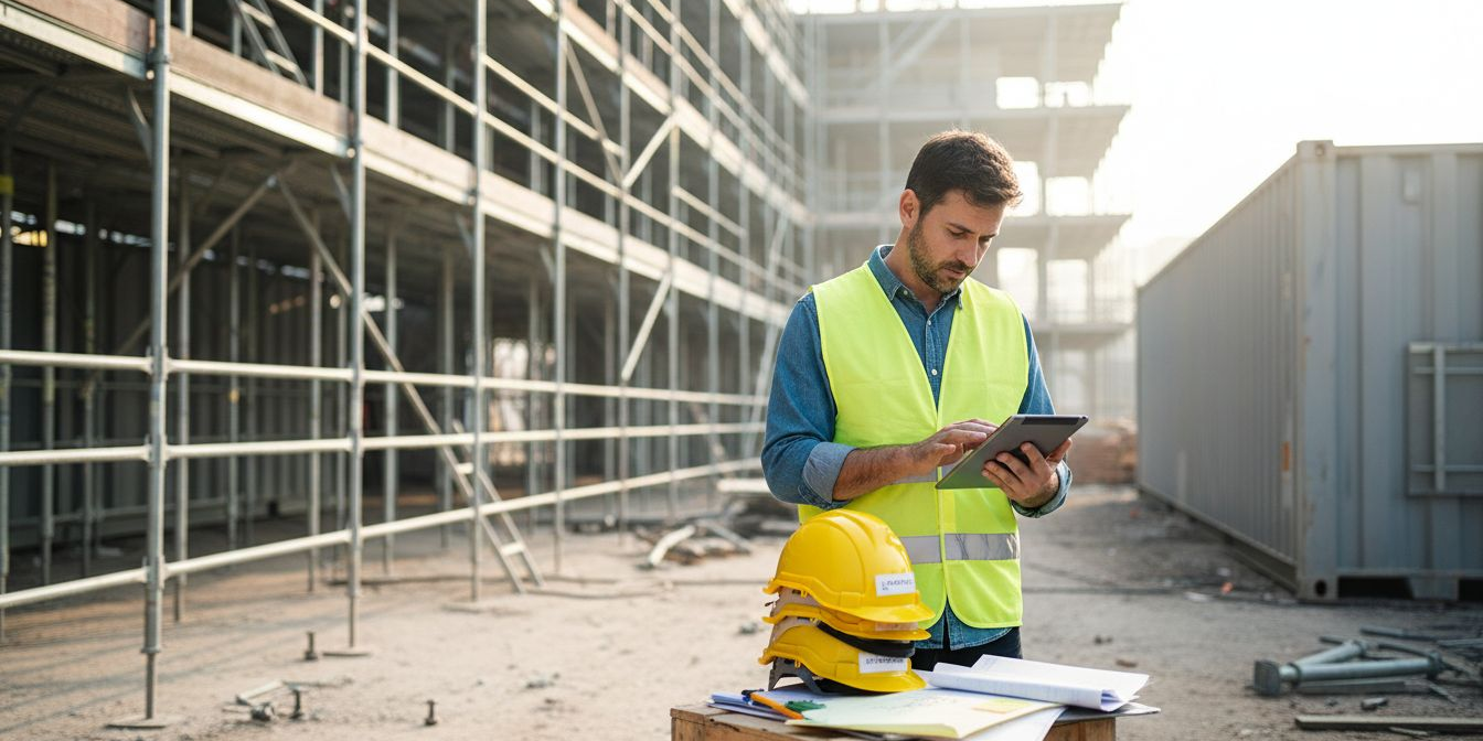 Il responsabile della sicurezza controlla i dati sul tablet mentre supervisiona i lavori in cantiere.