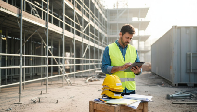 Il responsabile della sicurezza controlla i dati sul tablet mentre supervisiona i lavori in cantiere.