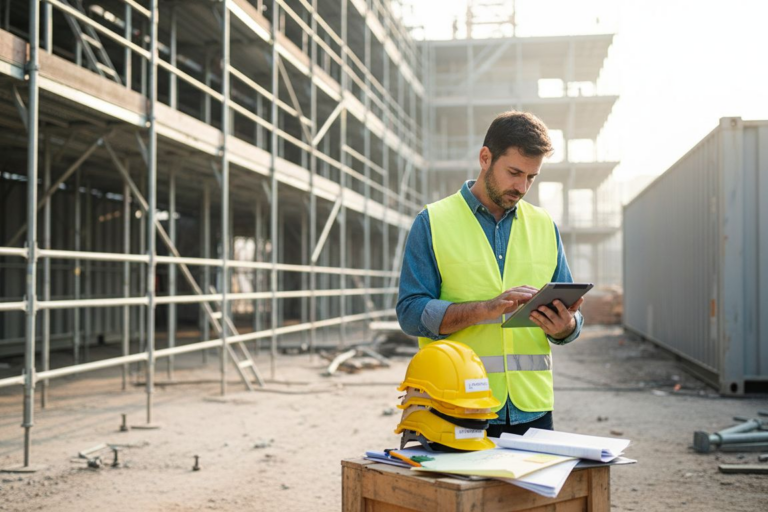 Il responsabile della sicurezza controlla i dati sul tablet mentre supervisiona i lavori in cantiere.