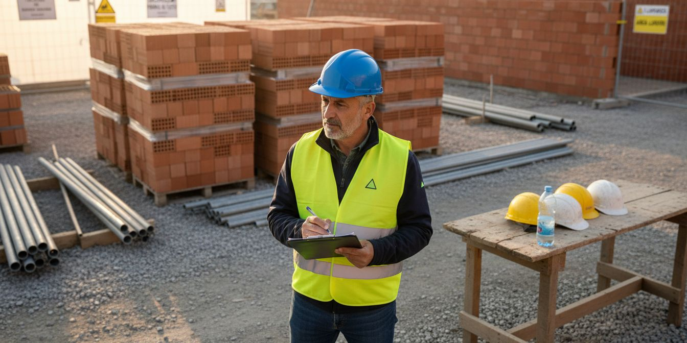 1771384836312_image-1 Il responsabile di cantiere controlla la lista di verifica per la sicurezza sul lavoro.