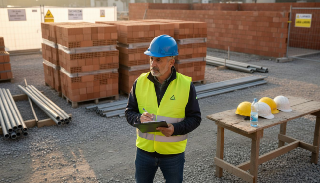 Il responsabile di cantiere controlla la lista di verifica per la sicurezza sul lavoro.