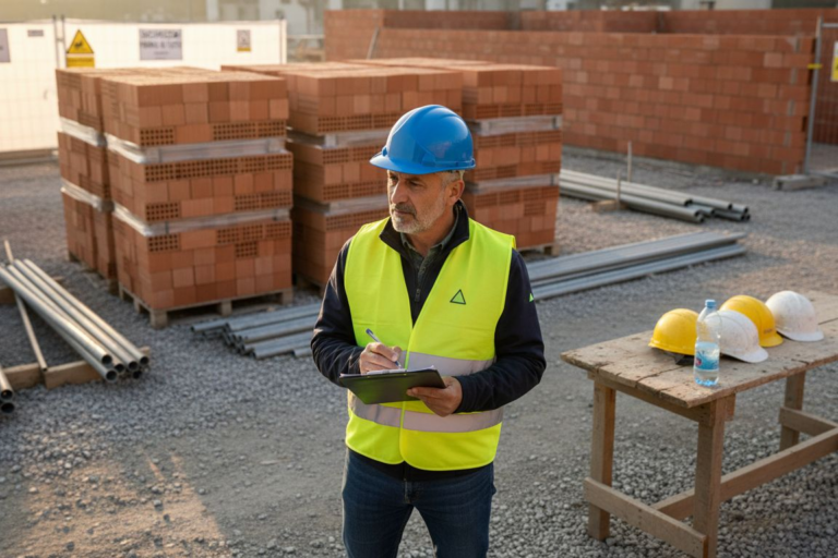 Il responsabile di cantiere controlla la lista di verifica per la sicurezza sul lavoro.