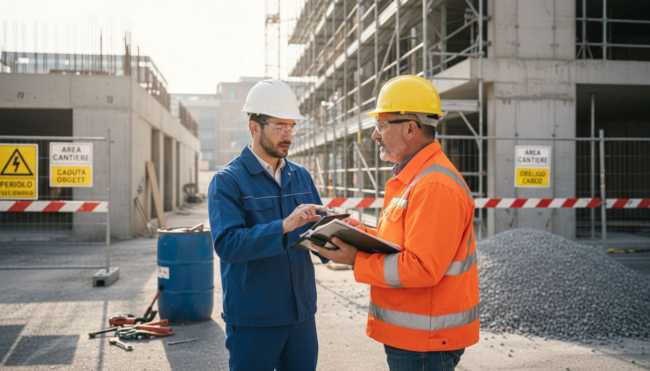 Gli operai partecipano a un corso di formazione sulla sicurezza in cantiere.