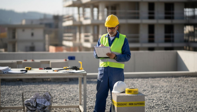 Il capocantiere controlla la lista di sicurezza prima di iniziare i lavori.