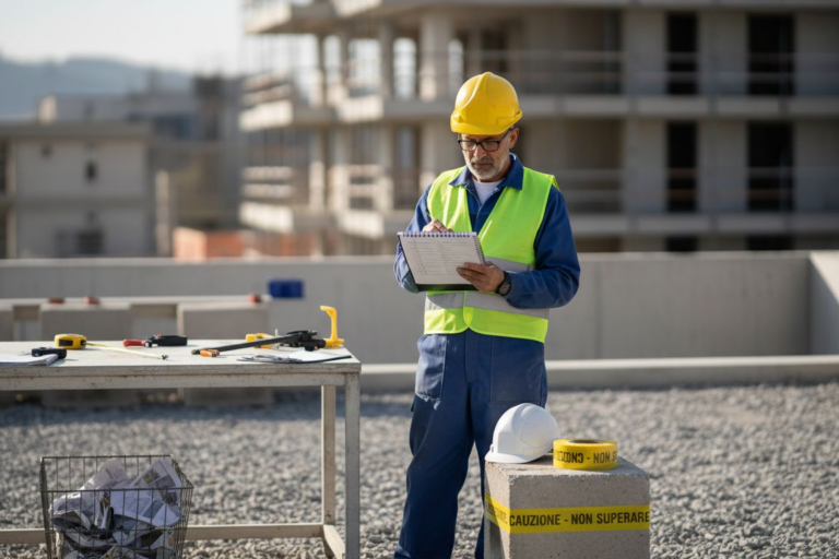Il capocantiere controlla la lista di sicurezza prima di iniziare i lavori.