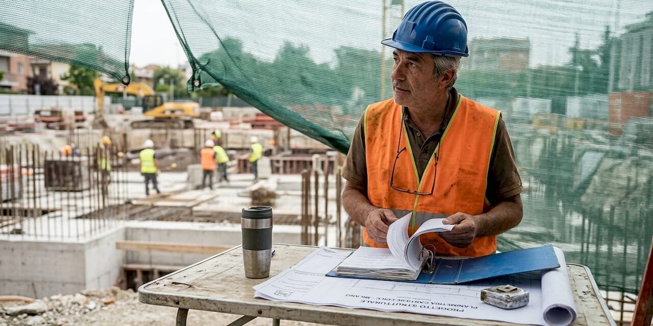 1775362898838_Site-supervisor-reviewing-safety-documents-at-construction-3 Il responsabile di cantiere controlla la documentazione relativa alla sicurezza.