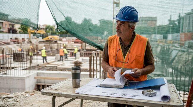 Il responsabile di cantiere controlla la documentazione relativa alla sicurezza.
