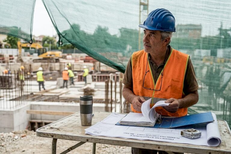 Il responsabile di cantiere controlla la documentazione relativa alla sicurezza.
