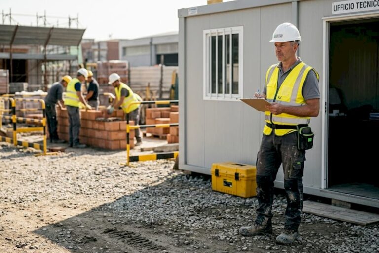 Il responsabile di cantiere supervisiona il lavoro degli operai sul posto.
